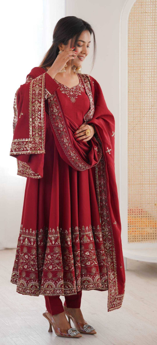 Heavy Roman Silk Embroidered Anarkali Gown