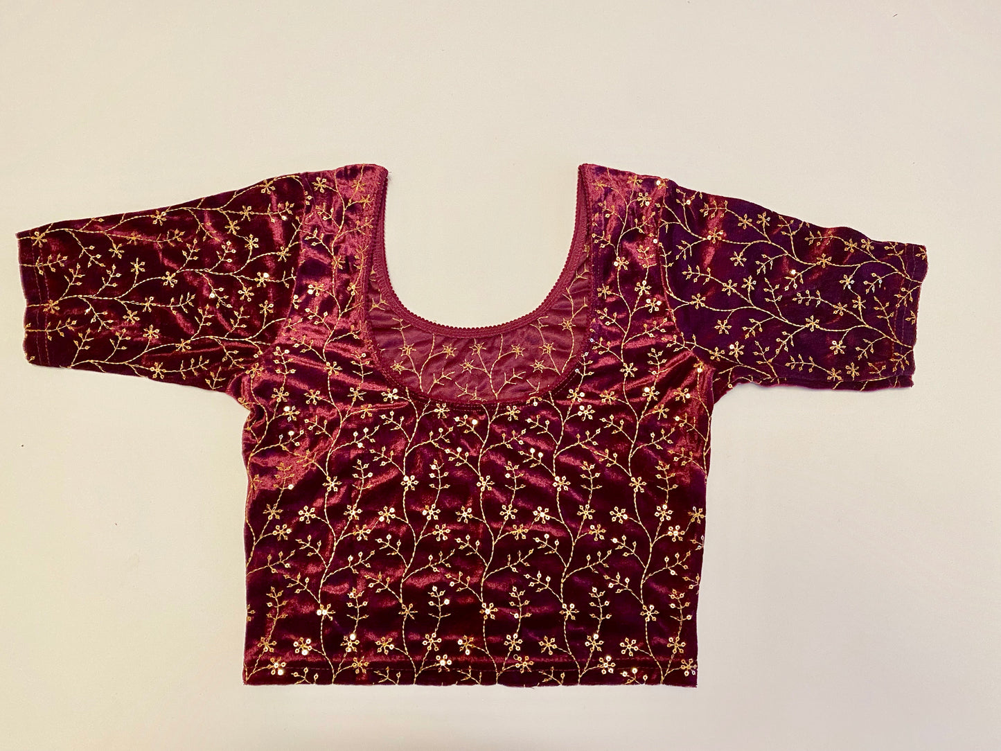 Maroon Stretchable Velvet Embroidered blouse 32"