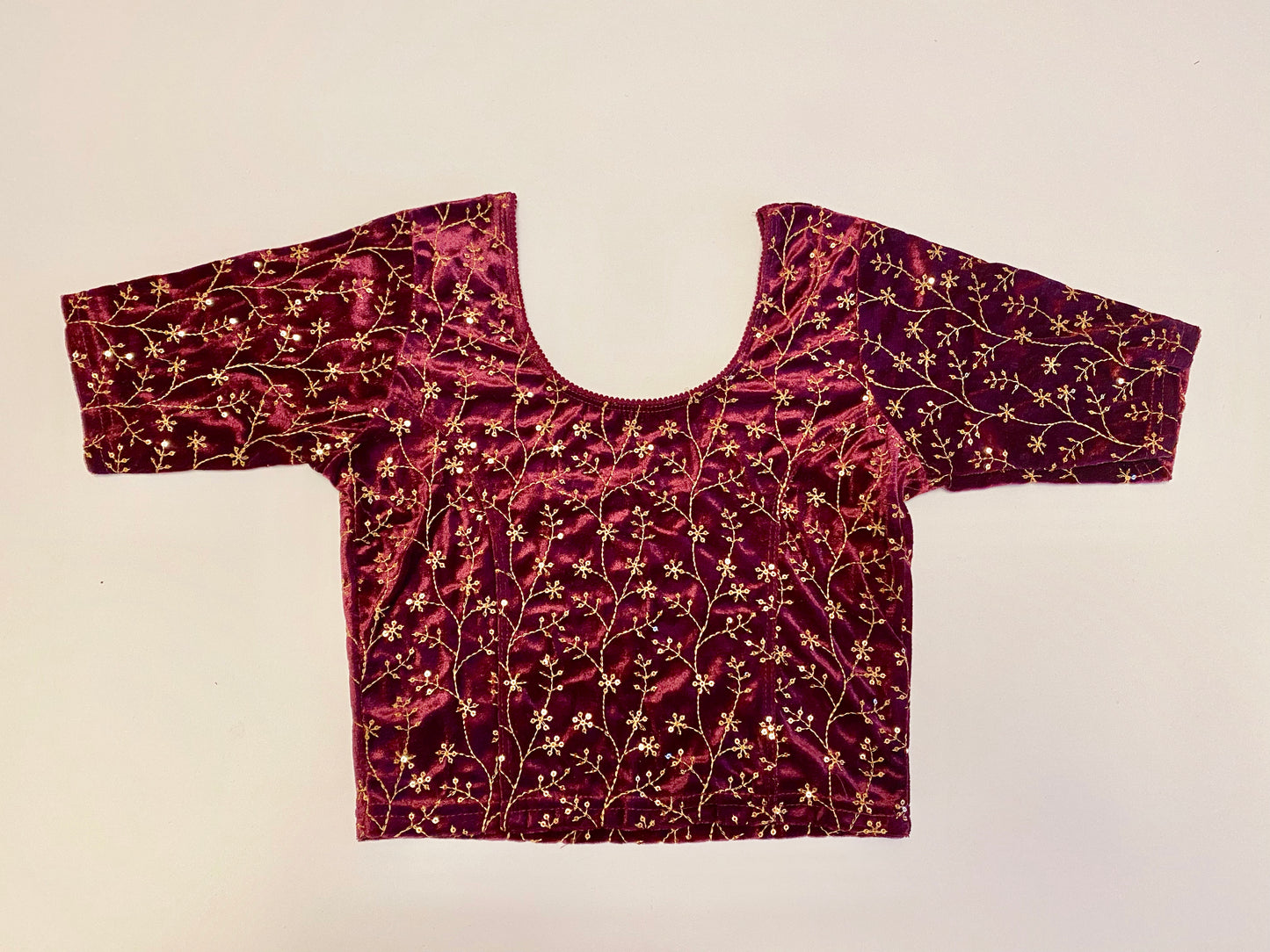 Maroon Stretchable Velvet Embroidered blouse 32"