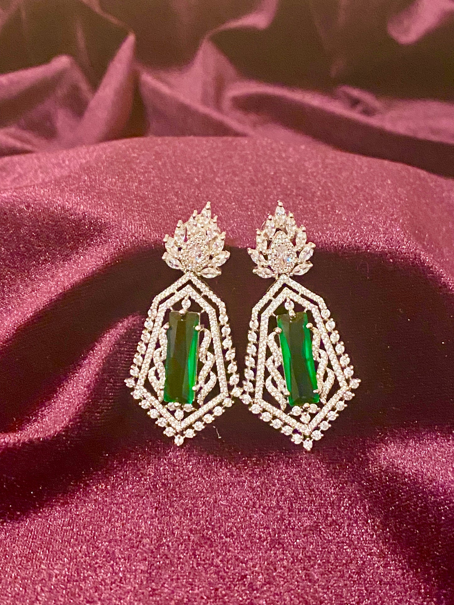 Green CZ Silver Finish AD Earrings