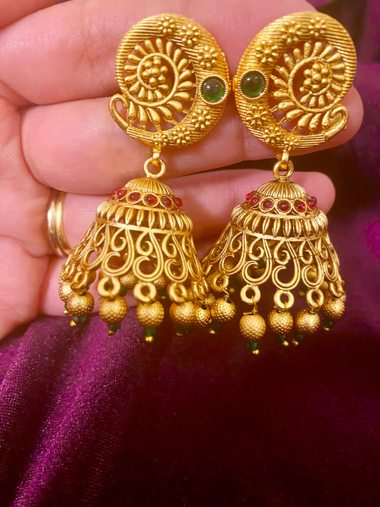 Antique Green Ruby Jhumki Earrings