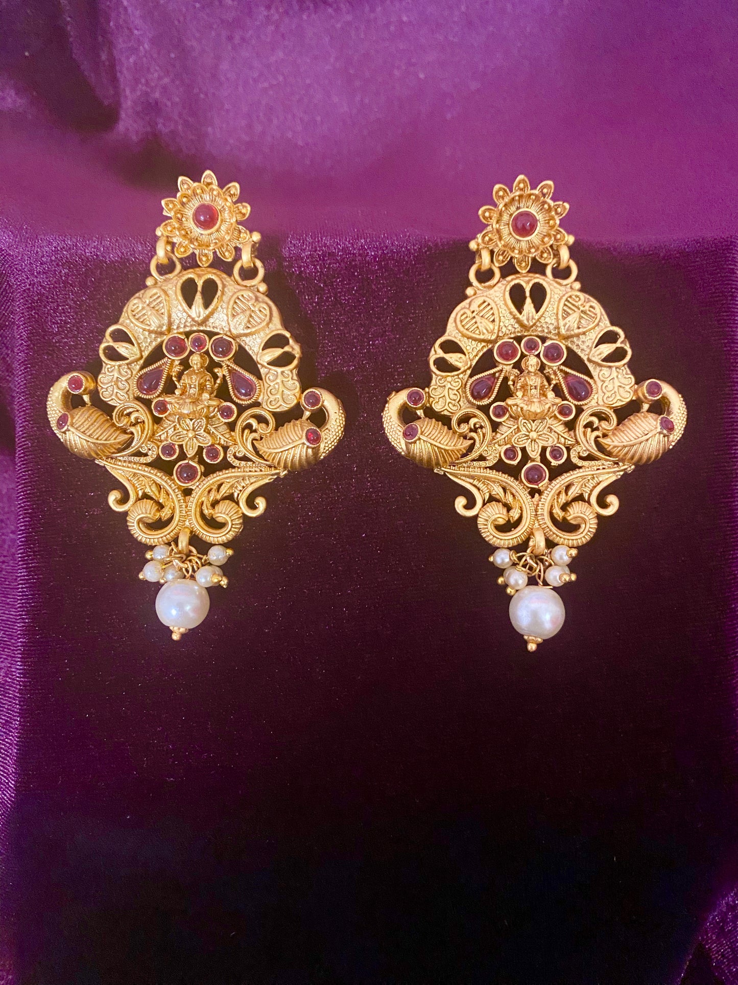 Antique Peacock Ruby Pearl Earrings