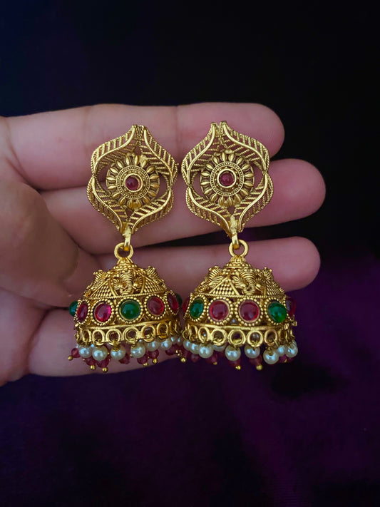 Antique Ruby Green Jhumki Earrings