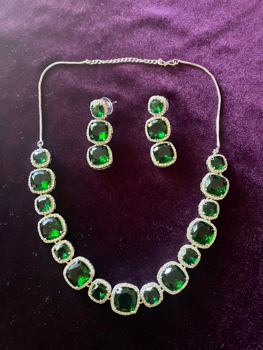 Green stone CZ white AD Necklace