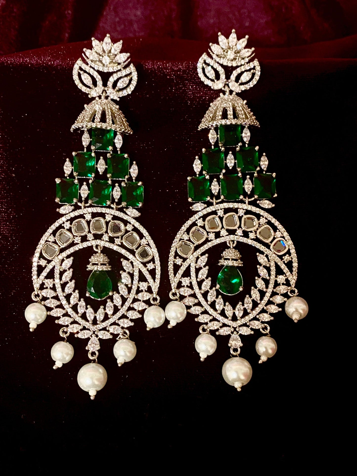 Emerald Green CZ Silver finish AD Earrings