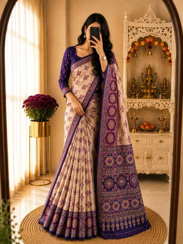 Dull Moss Designer Saree in Purple