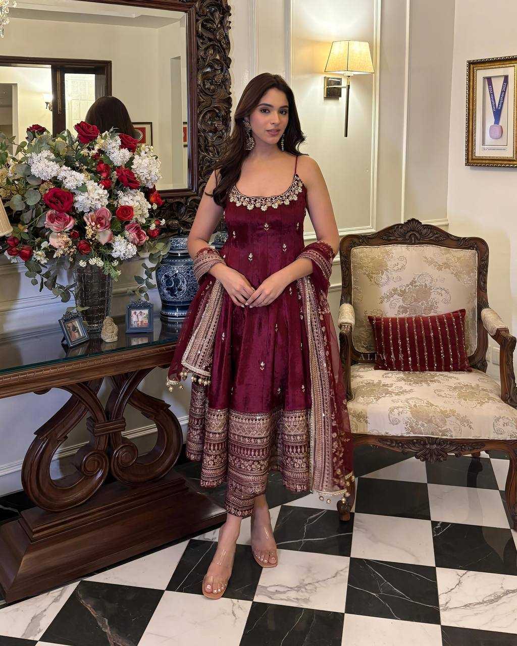 Vichitra Silk Embroidery Gown