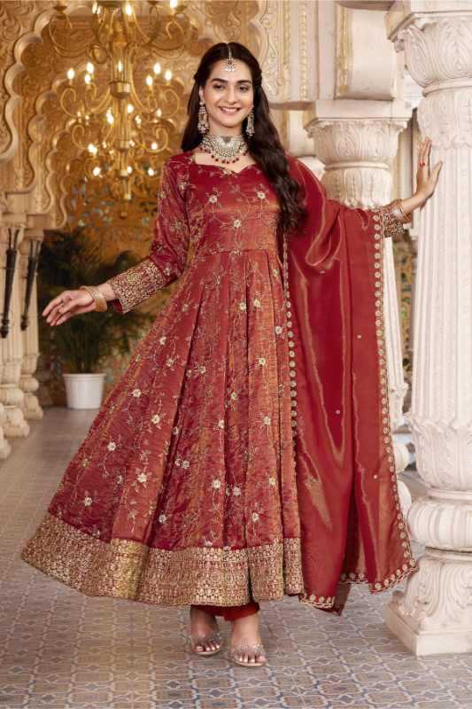 Cotton Embroidery Suit in Rust