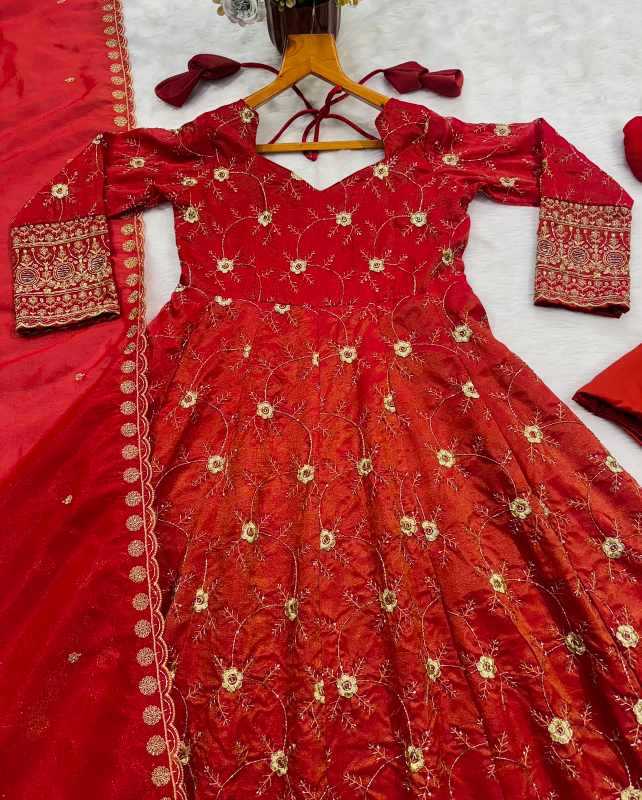 Cotton Embroidery Suit in Rust