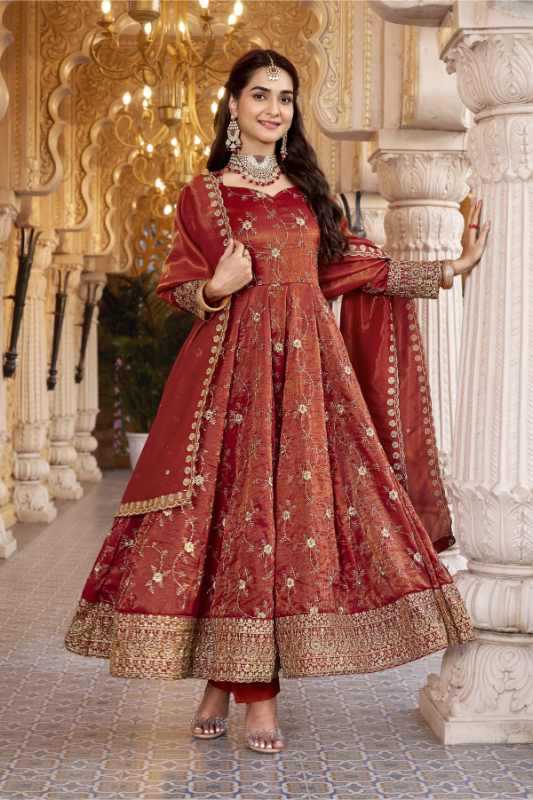 Cotton Embroidery Suit in Rust