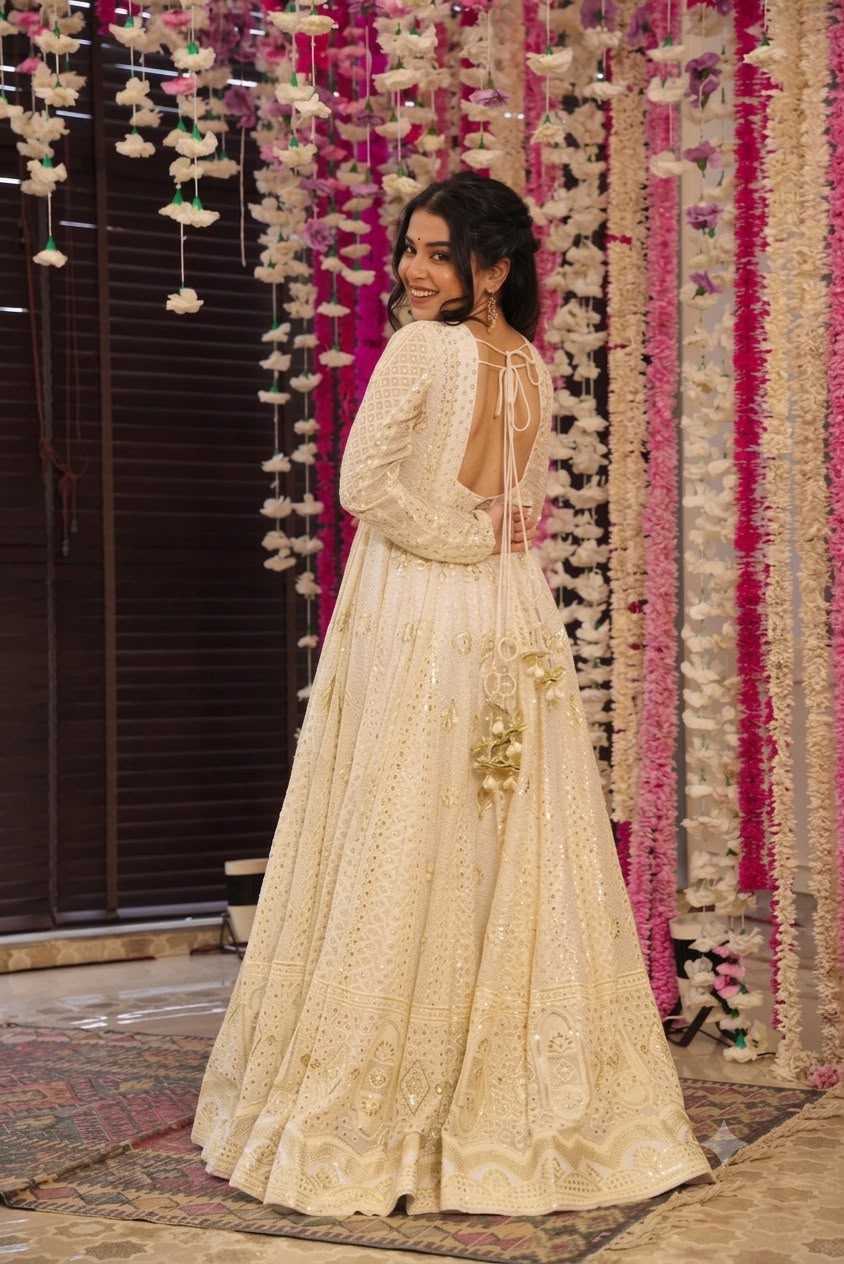 Faux Georgette Embroidery Suit in Off White