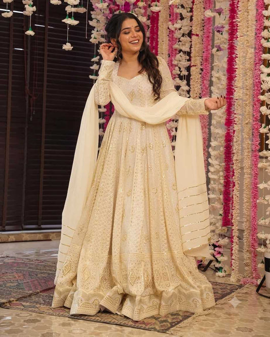 Faux Georgette Embroidery Suit in Off White