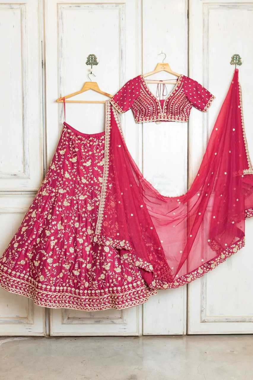 Malay Satin Silk Embroidered Lehenga in Gajri Choli