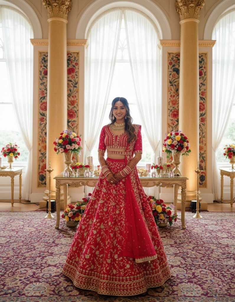 Malay Satin Silk Embroidered Lehenga in Gajri Choli