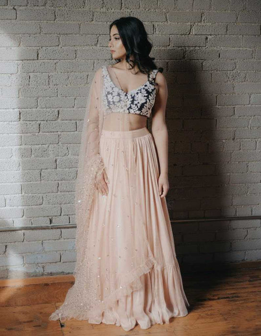 Faux Georgette Embroidered Lehenga in Peach Choli 021
