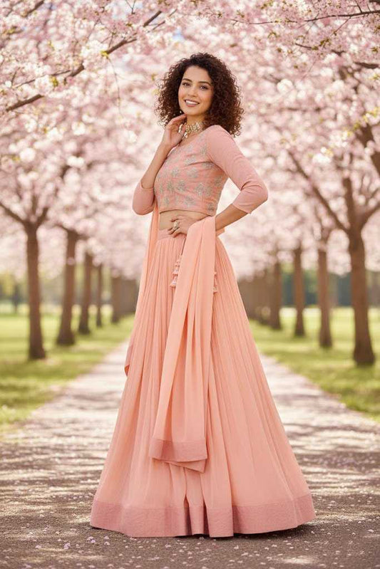 Faux Georgette Embroidered Lehenga in Peach Choli