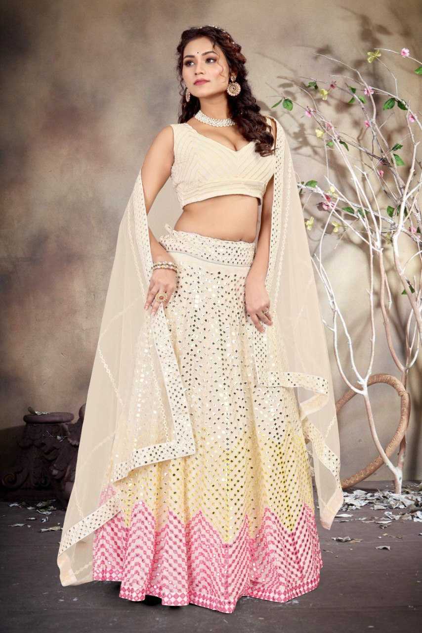 Faux Georgette Embroidered Lehenga in Cream Choli