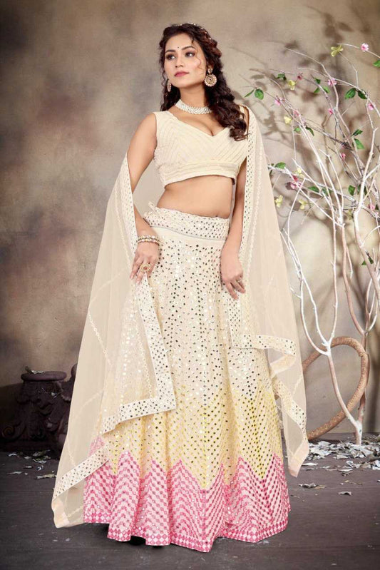 Faux Georgette Embroidered Lehenga in Cream Choli