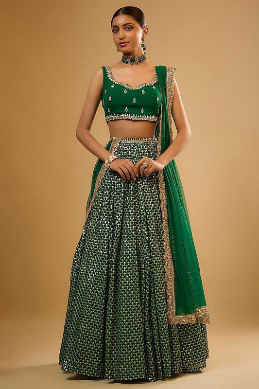 Faux Georgette Embroidered Lehenga in Green