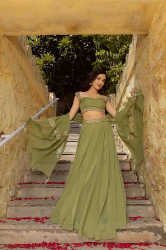 Faux Georgette Wedding Lehenga in Green