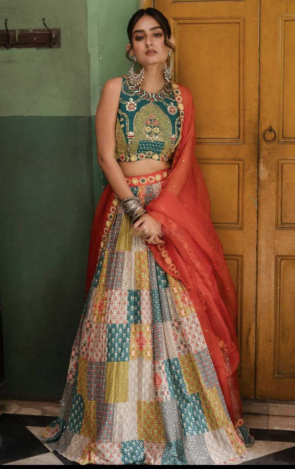 Crepe Silk Printed Lehenga in Multicolor