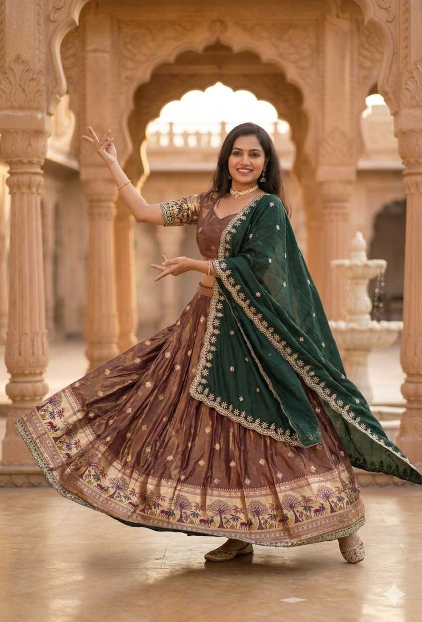 Shimmer Silk Designer Lehenga in Brown