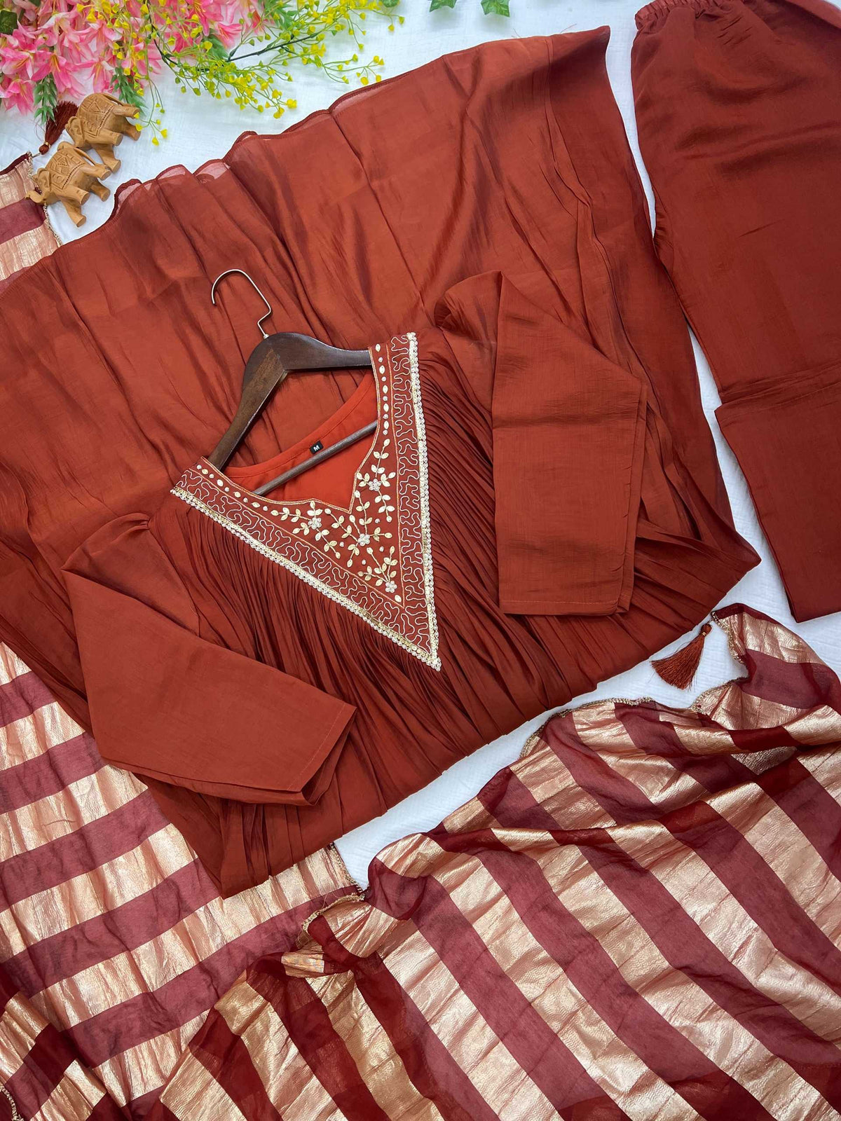 Chanderi Cotton Designer Kurti in Rust