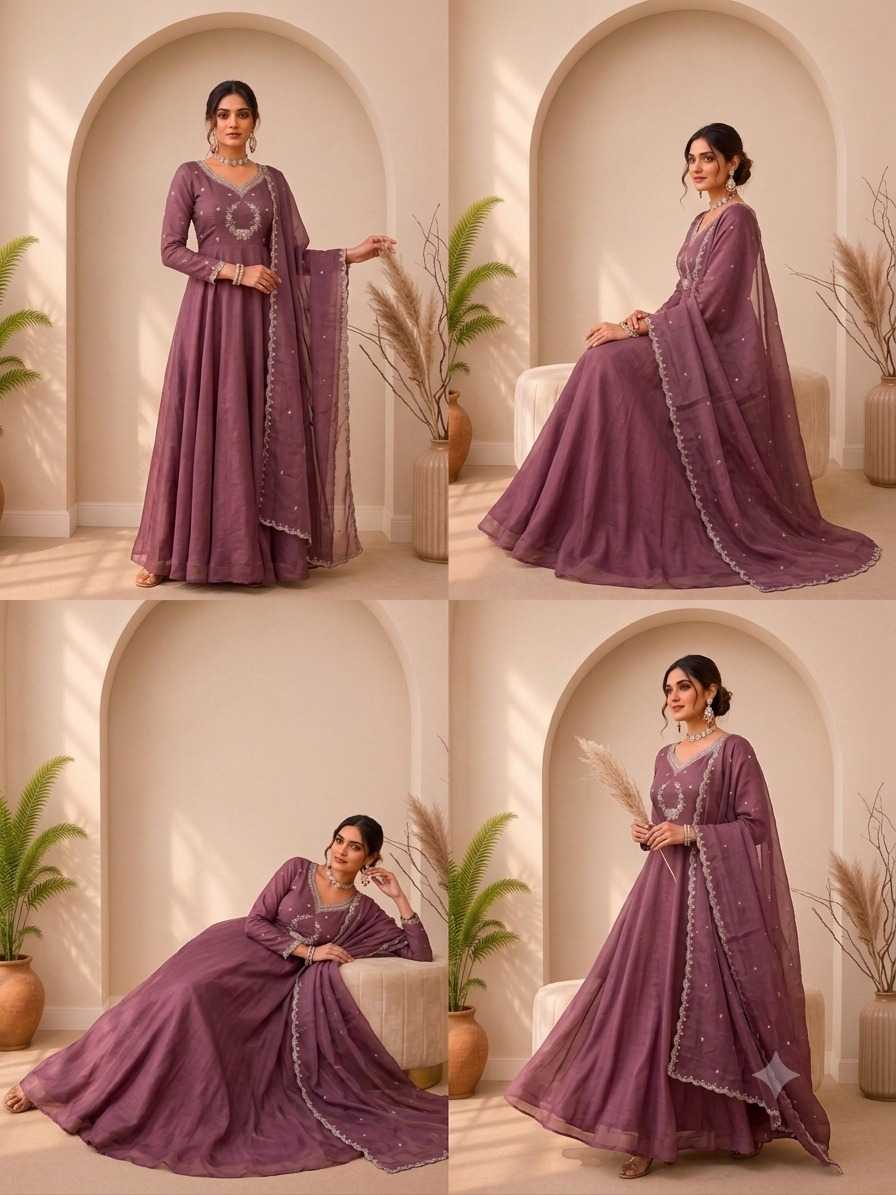 Rangoli Silk Embroidery Gown in Hot Pink