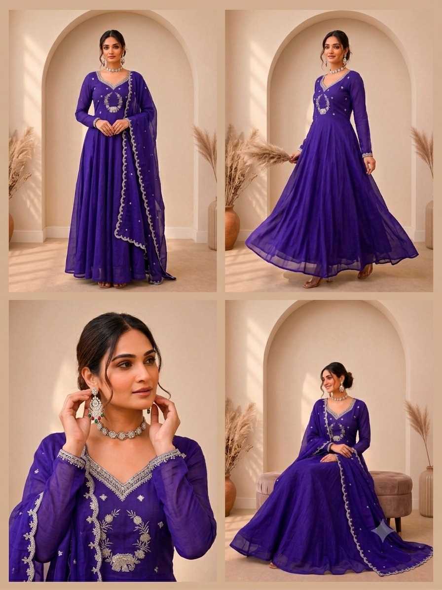Rangoli Silk Embroidery Gown in Hot Pink