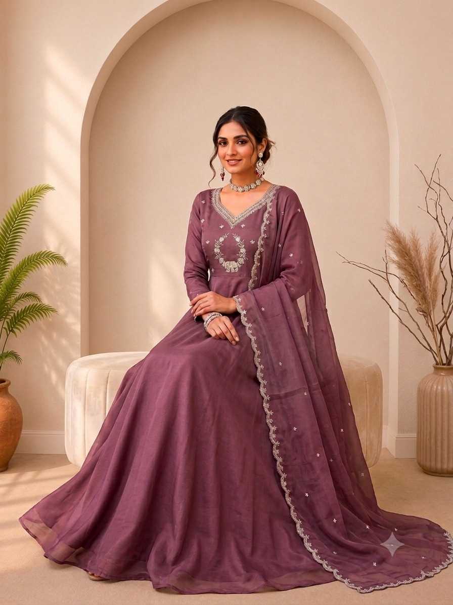Rangoli Silk Embroidery Gown in Hot Pink