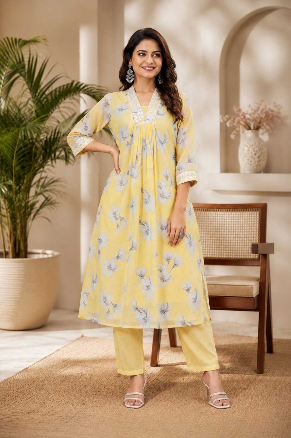 Lace Faux Georgette Cotton Kurti