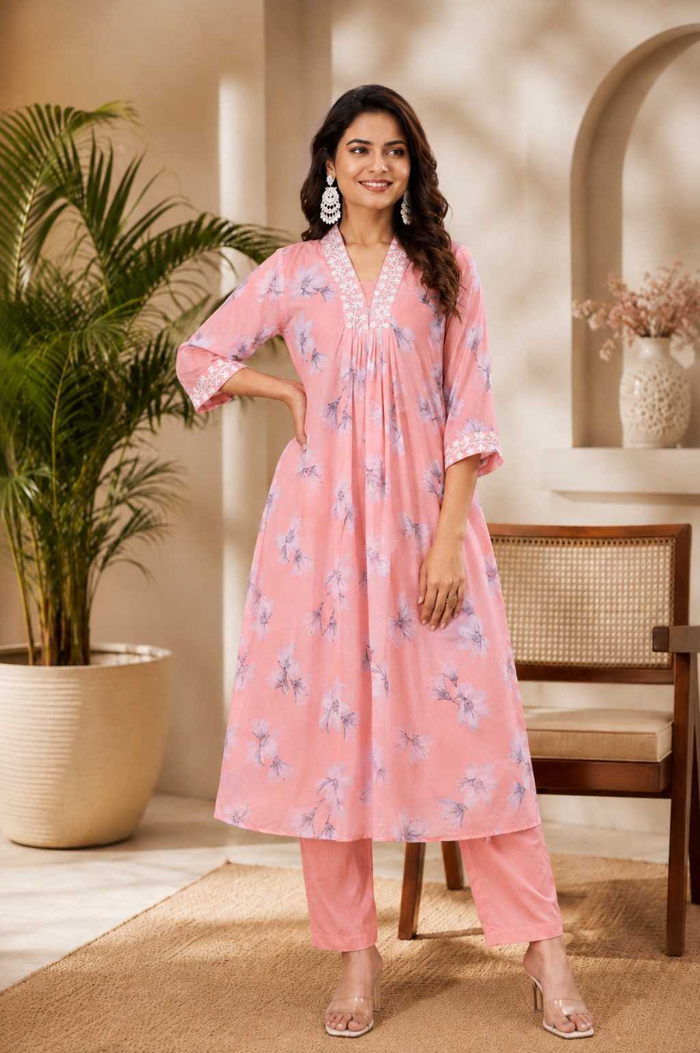 Lace Faux Georgette Cotton Kurti