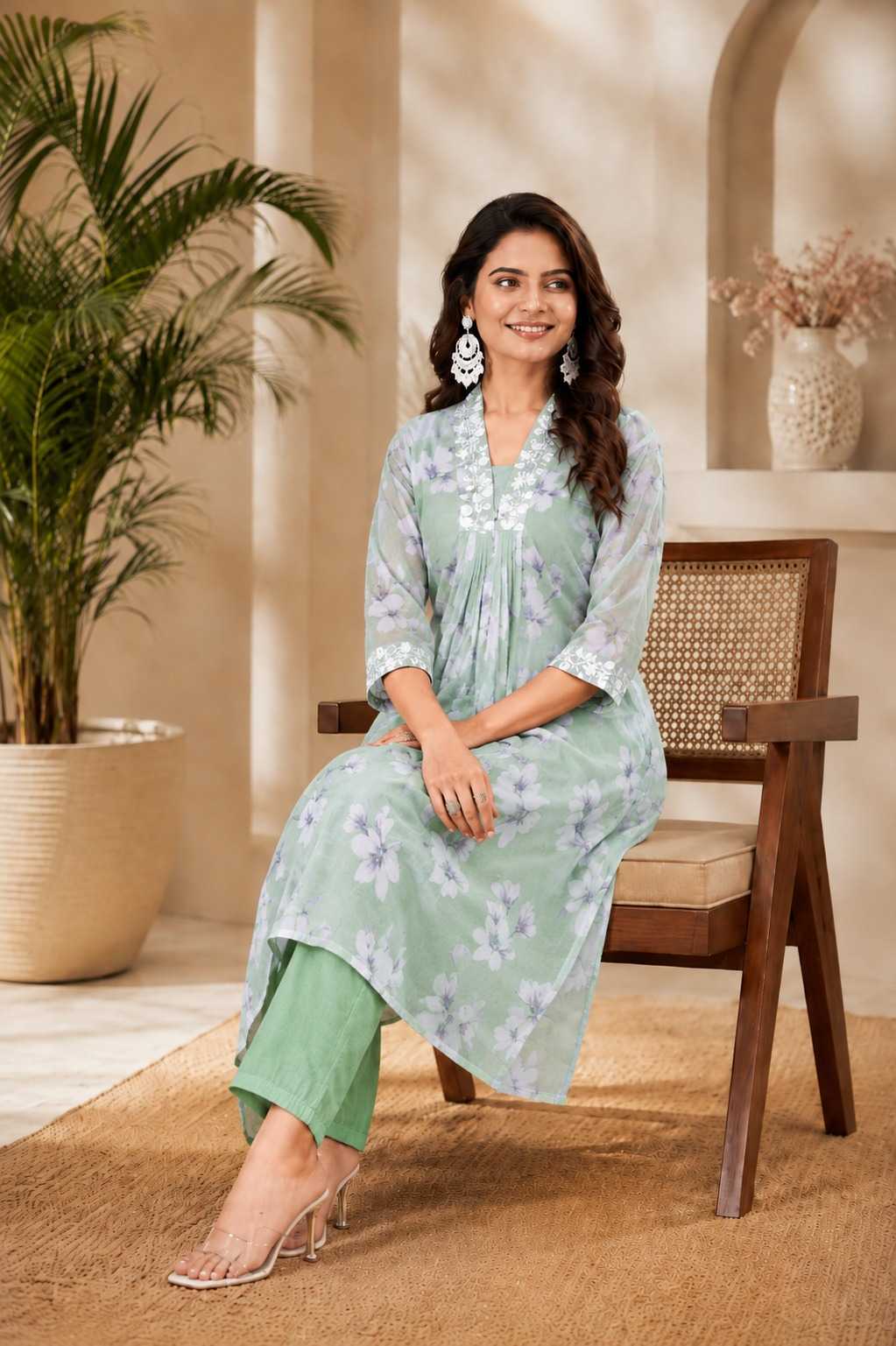 Lace Faux Georgette Cotton Kurti