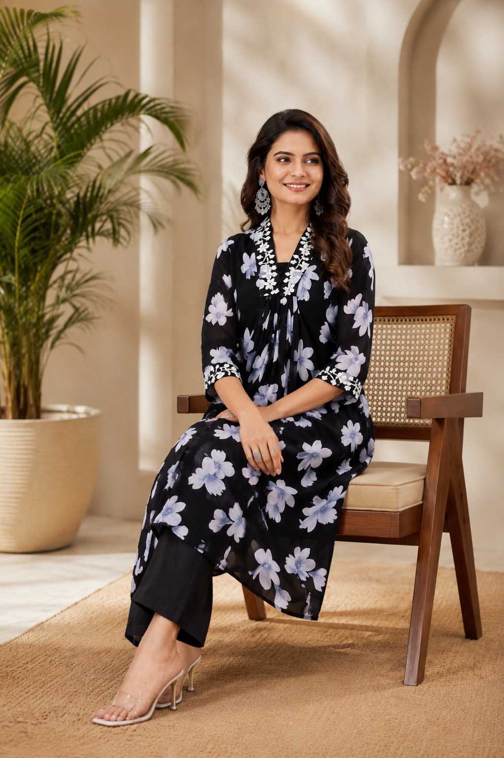 Lace Faux Georgette Cotton Kurti