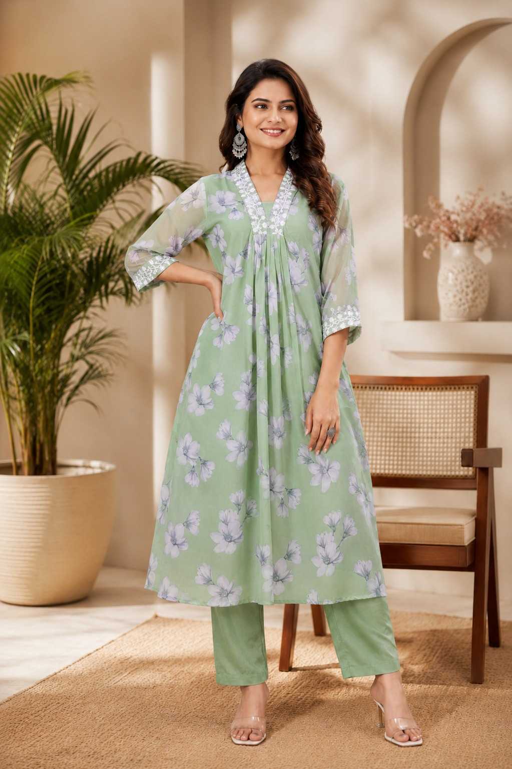 Lace Faux Georgette Cotton Kurti