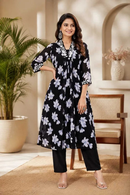 Lace Faux Georgette Cotton Kurti