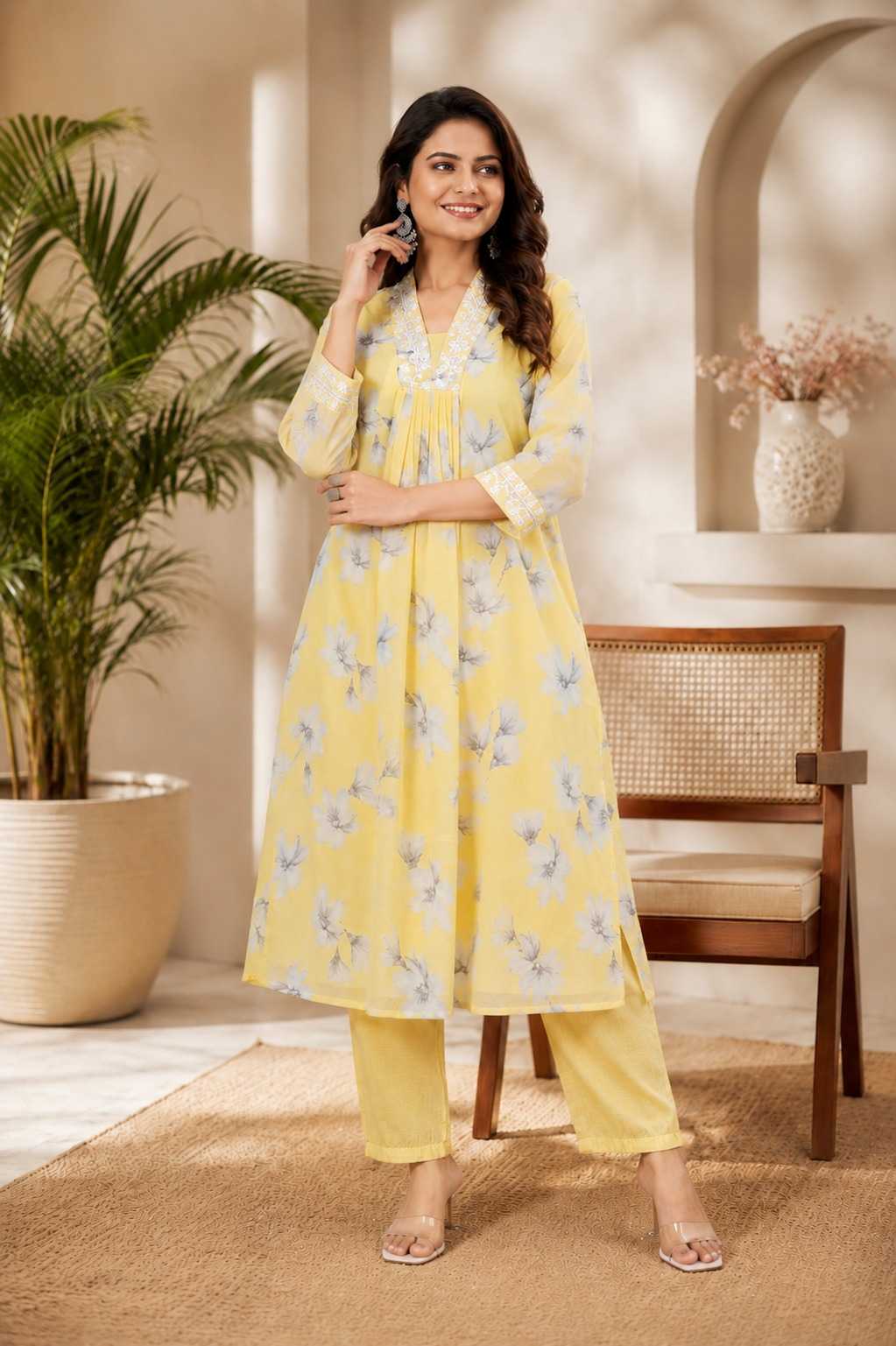 Lace Faux Georgette Cotton Kurti
