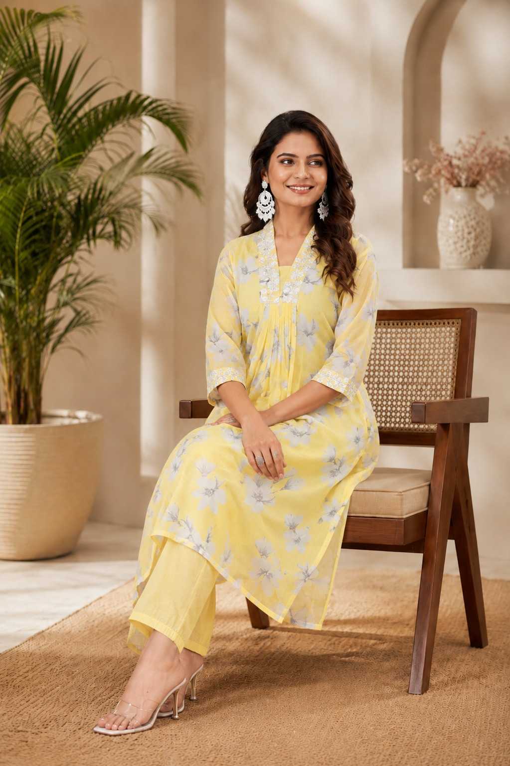 Lace Faux Georgette Cotton Kurti