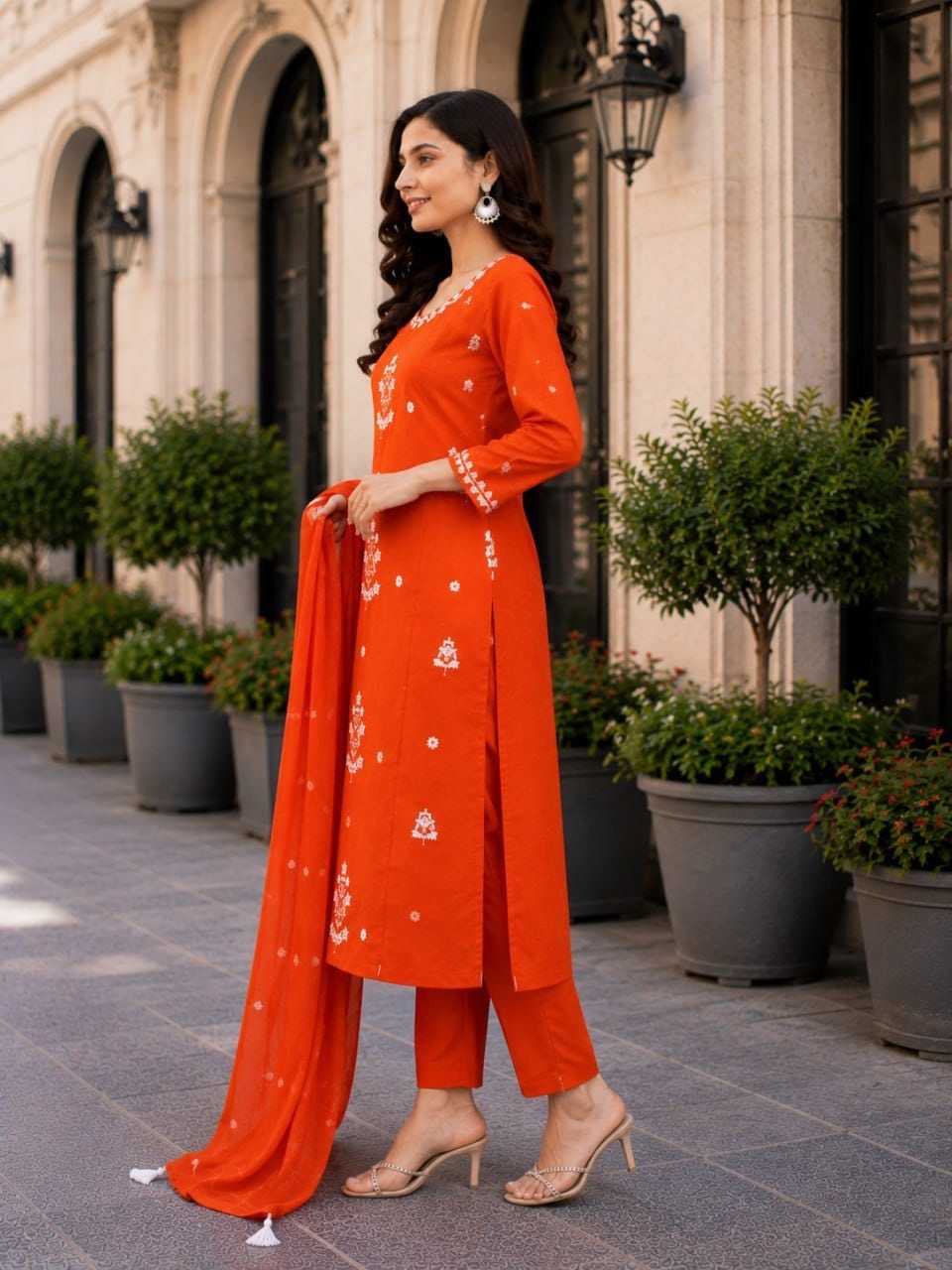 Heavy Rayon Embroidery Suit in Orange