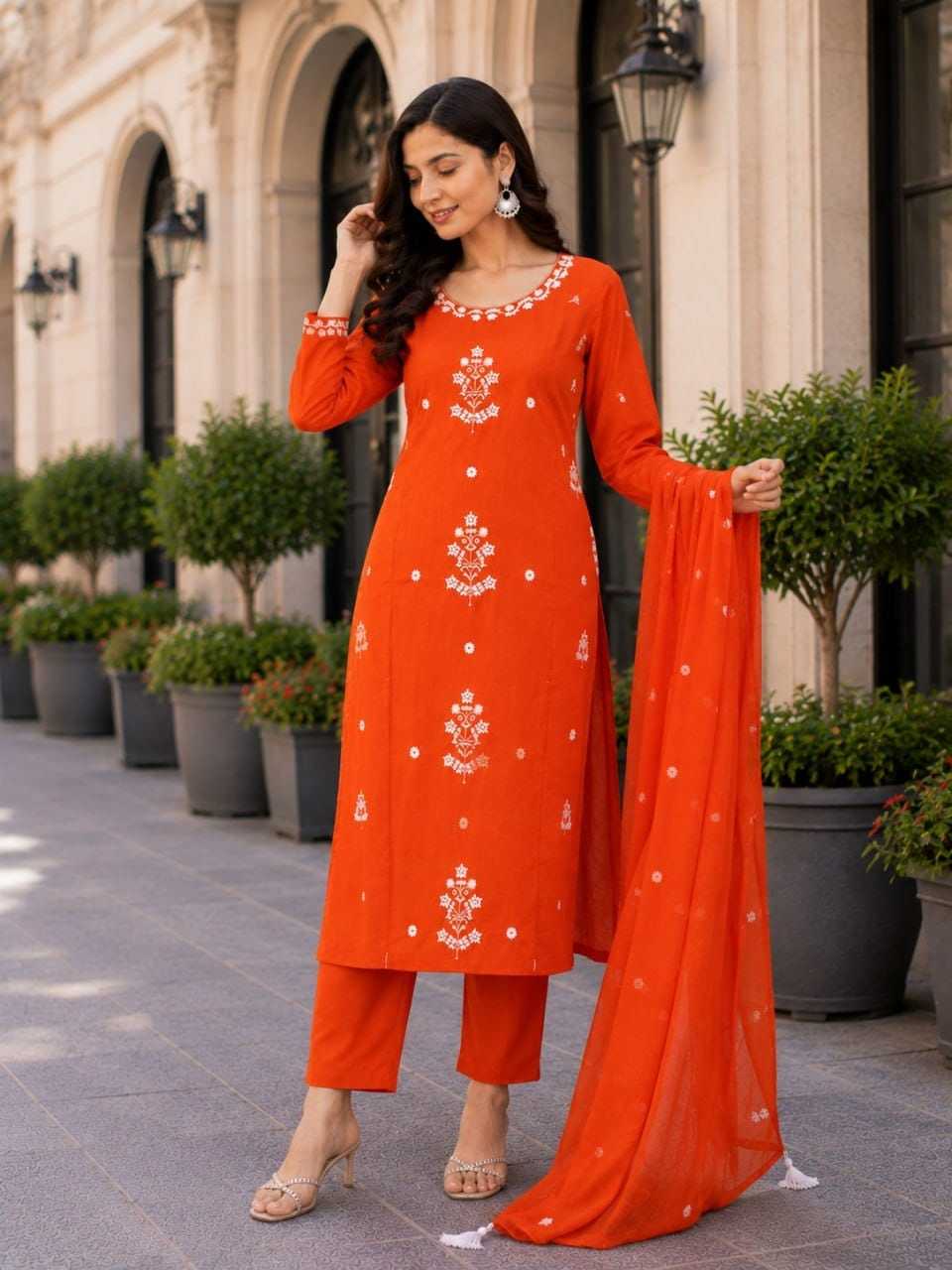 Heavy Rayon Embroidery Suit in Orange