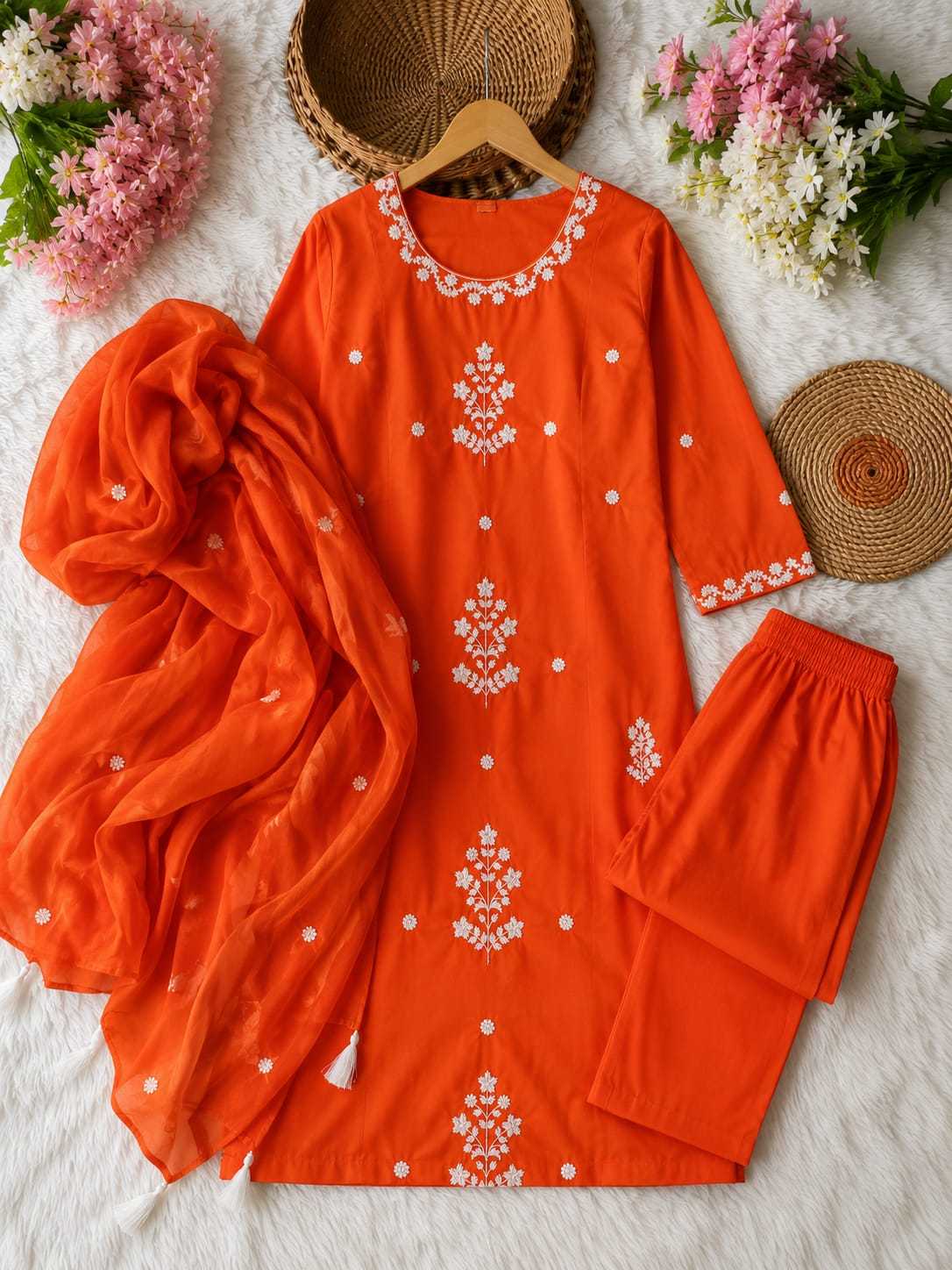 Heavy Rayon Embroidery Suit in Orange