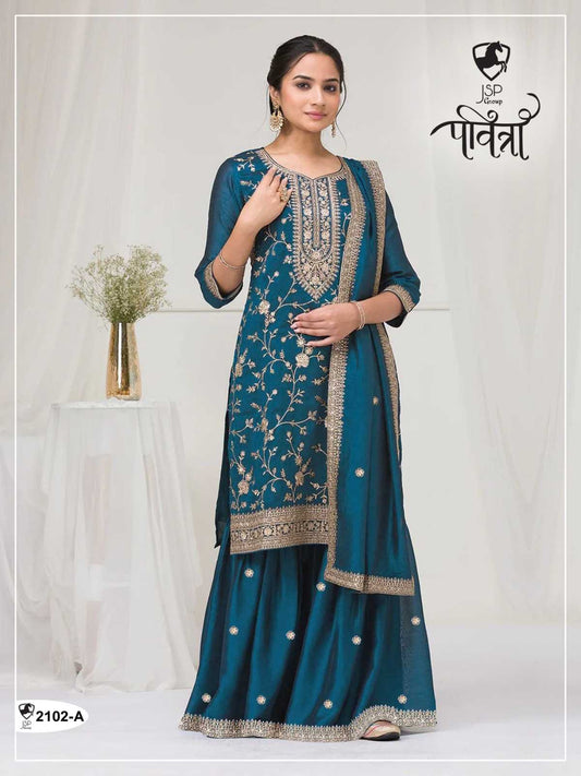 Faux Blooming Embroidery Suit in Morpich