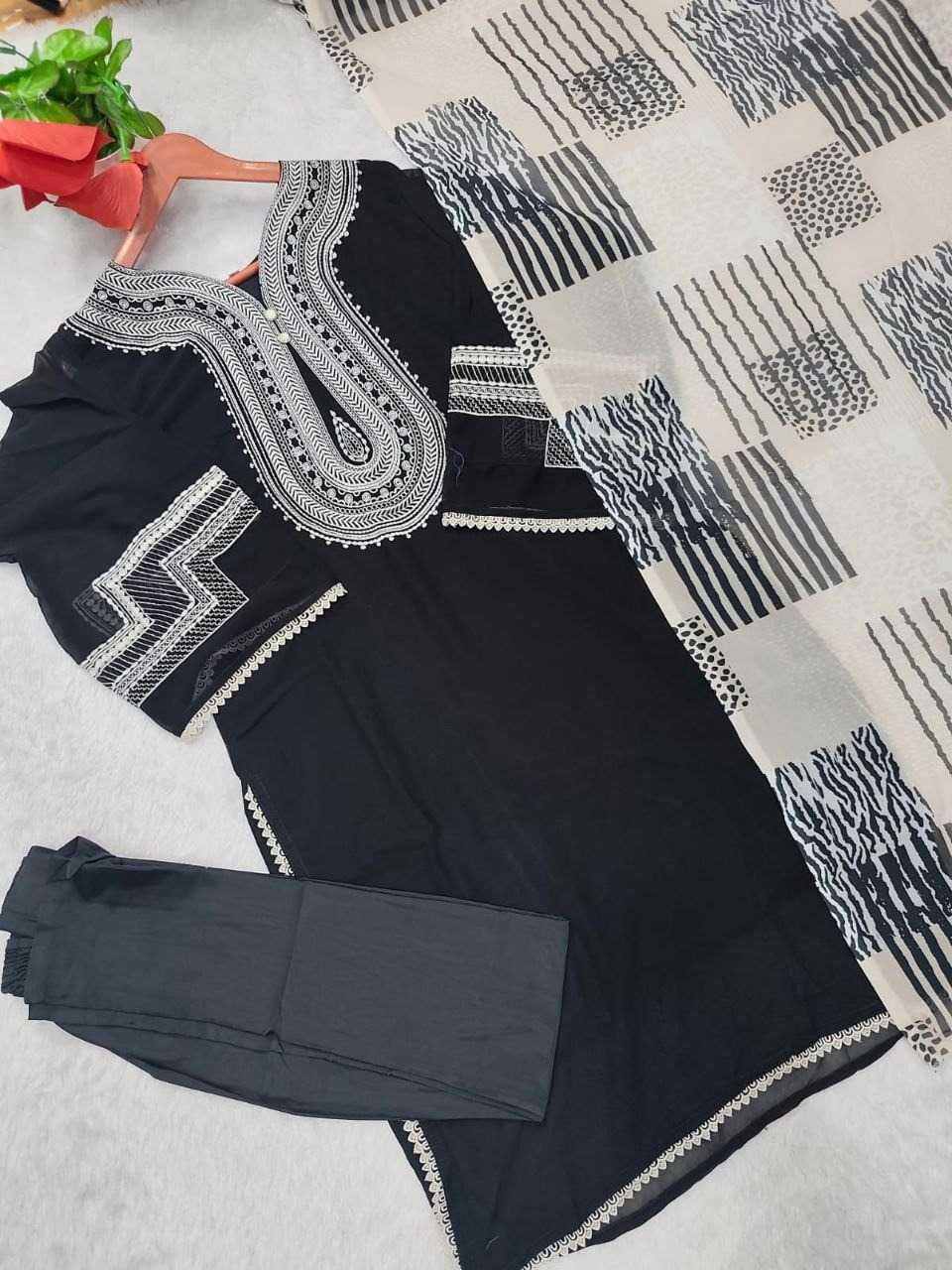 Faux Georgette Embroidery Suit in Black