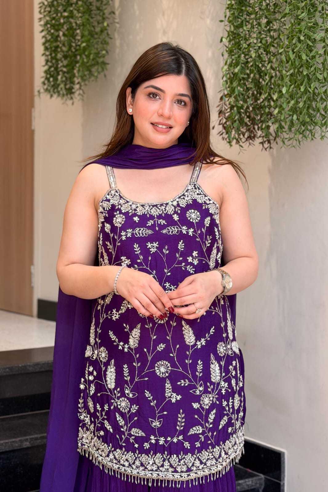 Purple Zari Chinon Embroidery Suit