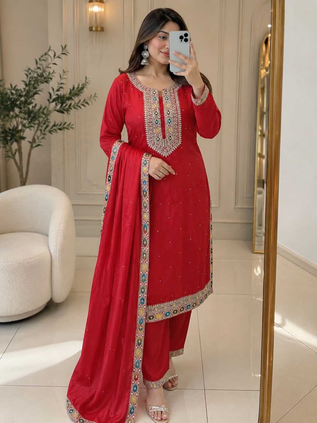 Chinon Silk Embroidery Suit
