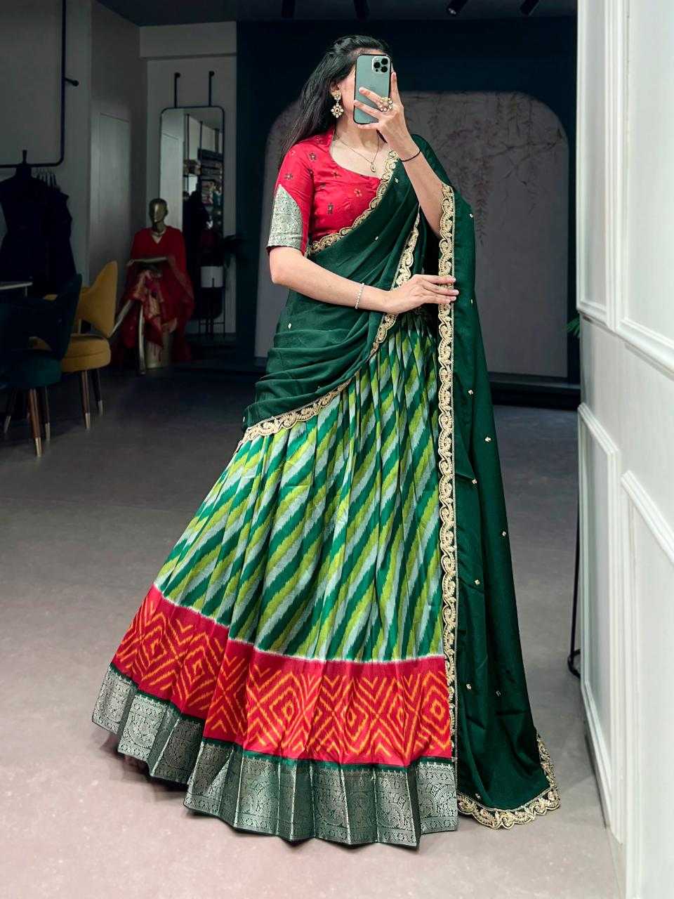 Tussar Silk Lehenga in Green