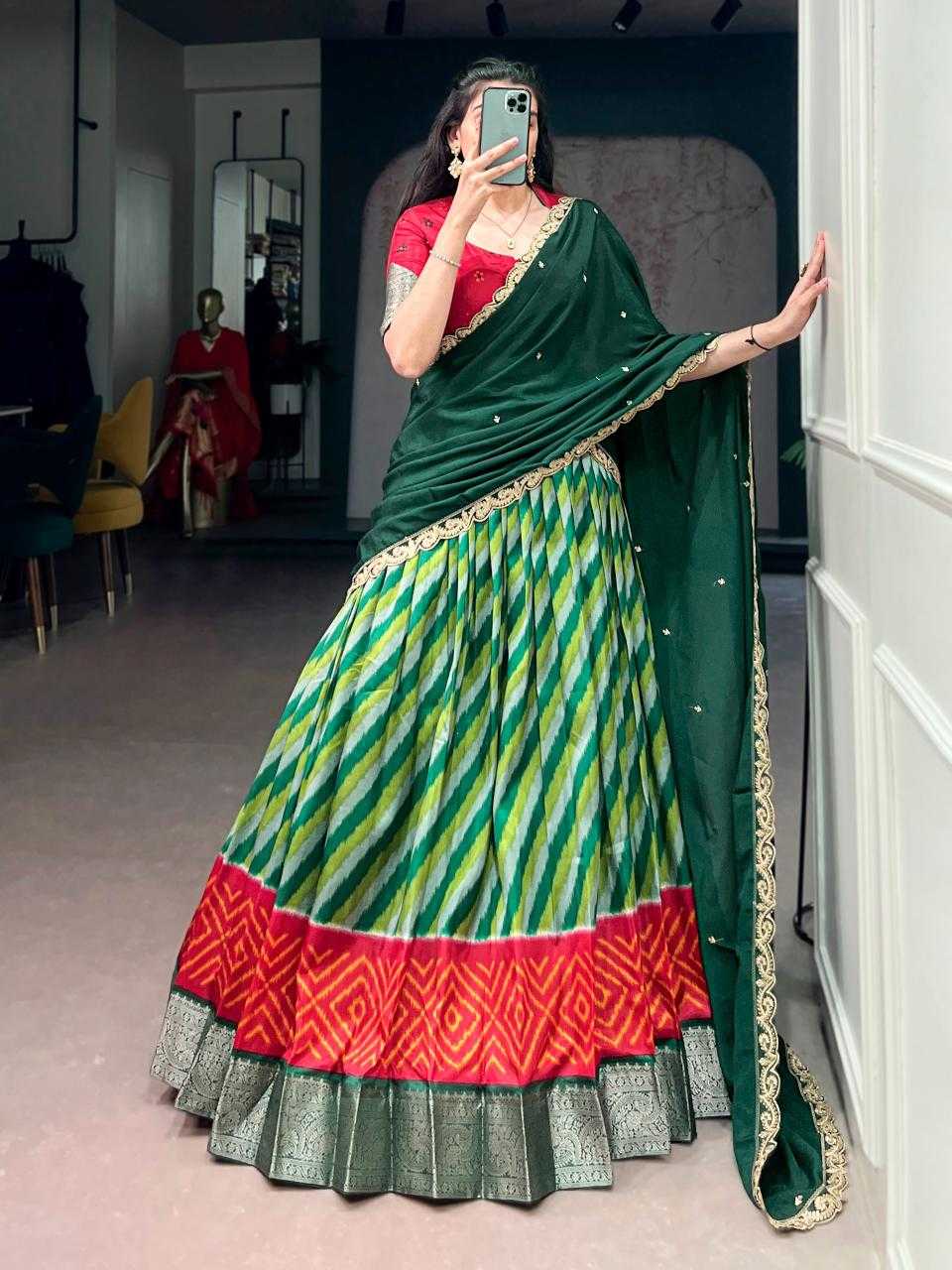 Tussar Silk Lehenga in Green