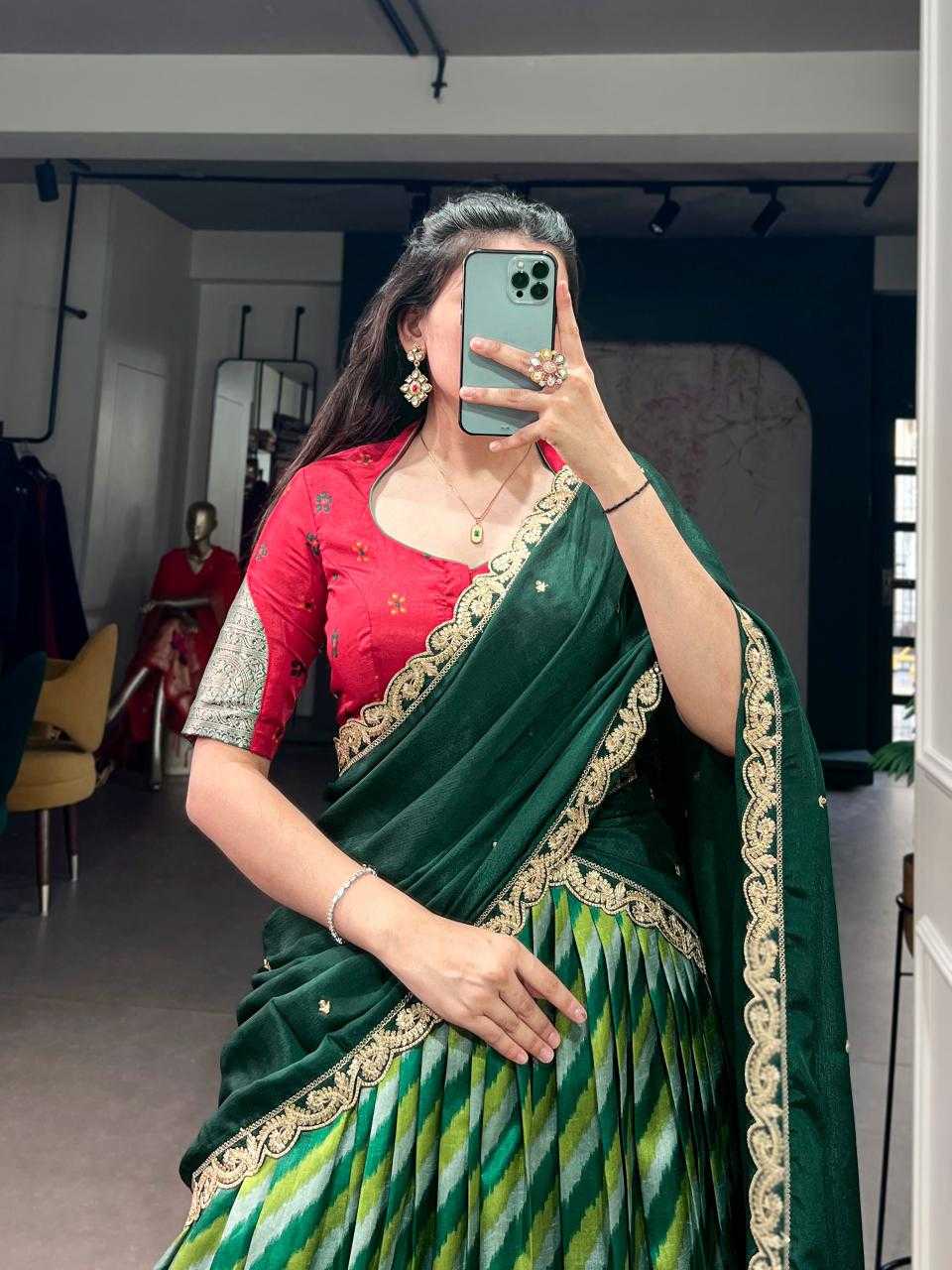 Tussar Silk Lehenga in Green