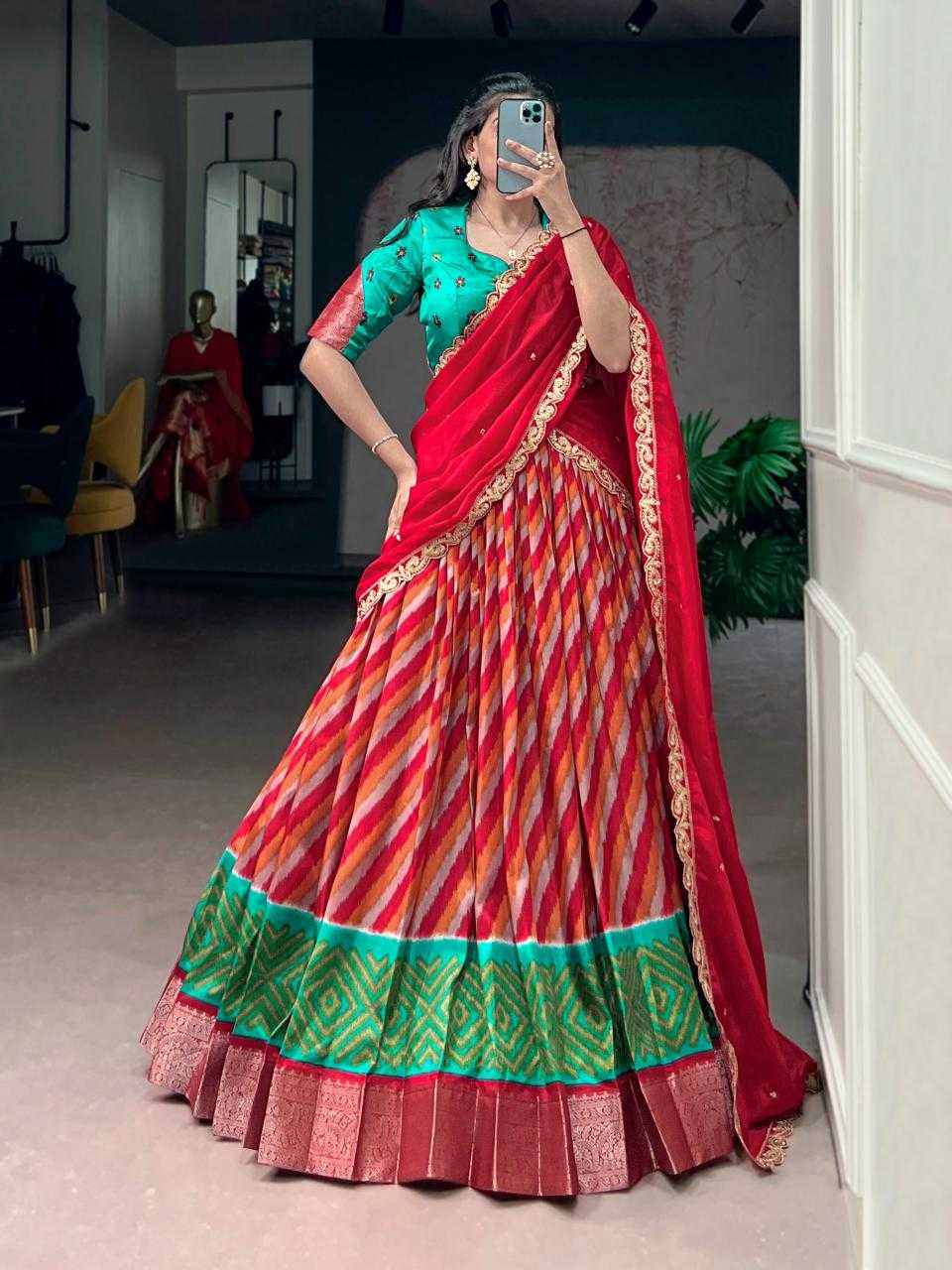 Tussar Silk Lehenga in Green