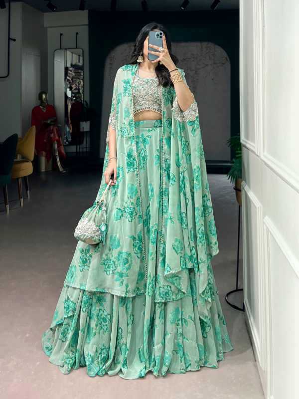 Georgette Embroidered Lehenga in Sea Blue